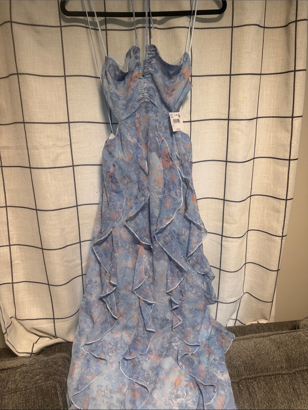 American Eagle Blue Floral Ruffle Maxi Dress